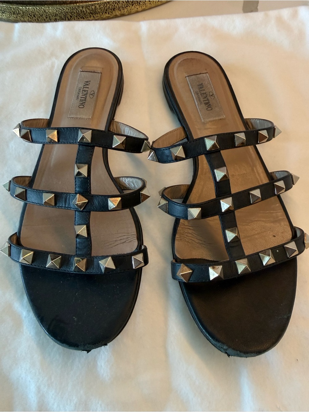 Valentino Black Leather Rockstud Triple-Strap Mules